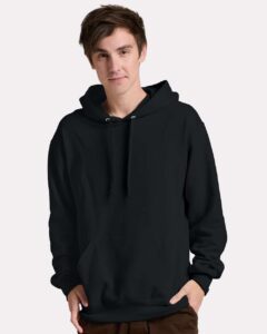 JERZEES IC49MR Unisex Ultimate CVC Hooded Sweatshirt – Black Ink (on model)