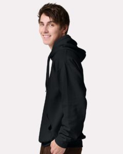 JERZEES IC49MR Unisex Ultimate CVC Hooded Sweatshirt – Black Ink (on model side)