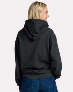 JERZEES IC49MR Unisex Ultimate CVC Hooded Sweatshirt – Black Ink Heather (on model back)