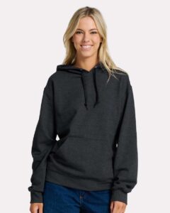 JERZEES IC49MR Unisex Ultimate CVC Hooded Sweatshirt – Black Ink Heather (on model)