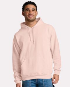 JERZEES IC49MR Unisex Ultimate CVC Hooded Sweatshirt – Blush Pink (on model)