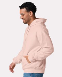 JERZEES IC49MR Unisex Ultimate CVC Hooded Sweatshirt – Blush Pink (on model side)