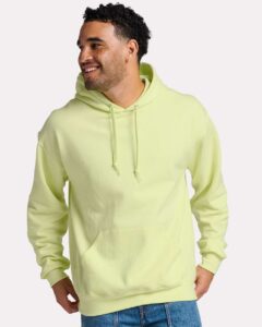 JERZEES IC49MR Unisex Ultimate CVC Hooded Sweatshirt – Celery Juice (on model)