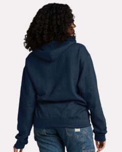 JERZEES IC49MR Unisex Ultimate CVC Hooded Sweatshirt – Indigo Heather (on model back)