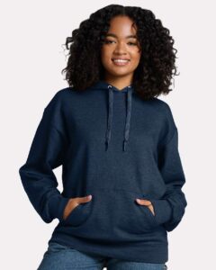 JERZEES IC49MR Unisex Ultimate CVC Hooded Sweatshirt – Indigo Heather (on model)