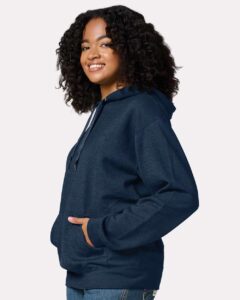 JERZEES IC49MR Unisex Ultimate CVC Hooded Sweatshirt – Indigo Heather (on model side)