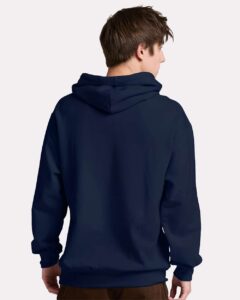 JERZEES IC49MR Unisex Ultimate CVC Hooded Sweatshirt – J. Navy (on model back)