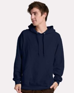 JERZEES IC49MR Unisex Ultimate CVC Hooded Sweatshirt – J. Navy (on model)