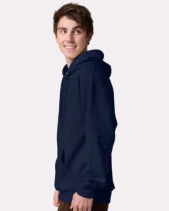 JERZEES IC49MR Unisex Ultimate CVC Hooded Sweatshirt – J. Navy (on model side)