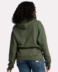 JERZEES IC49MR Unisex Ultimate CVC Hooded Sweatshirt – Military Green Heather (on model back)