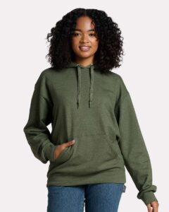 JERZEES IC49MR Unisex Ultimate CVC Hooded Sweatshirt – Military Green Heather (on model)