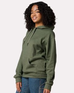 JERZEES IC49MR Unisex Ultimate CVC Hooded Sweatshirt – Military Green Heather (on model side)