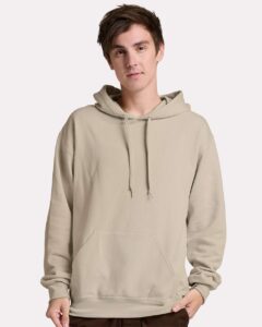 JERZEES IC49MR Unisex Ultimate CVC Hooded Sweatshirt – Putty (on model)