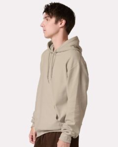 JERZEES IC49MR Unisex Ultimate CVC Hooded Sweatshirt – Putty (on model side)