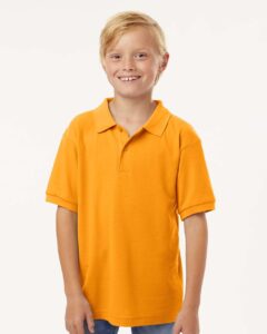 AllPro 62800Y Youth Pique Polo – Gold (on model)