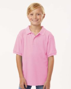 AllPro 62800Y Youth Pique Polo – Light Pink (on model)