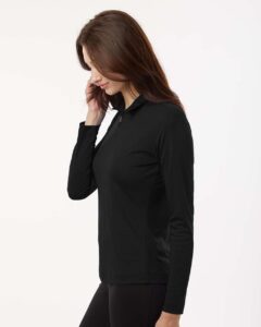 AllPro 41870L Women’s Pro-Lock Performance Quarter-Zip Pullover – Black (on model side)