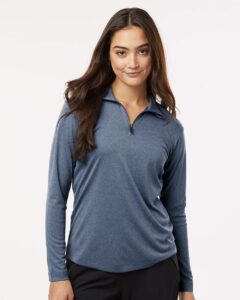 AllPro 41870L Women’s Pro-Lock Performance Quarter-Zip Pullover – Heather Navy (on model)