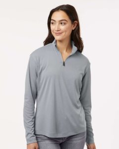 AllPro 41870L Women’s Pro-Lock Performance Quarter-Zip Pullover – Heather Steel (on model)