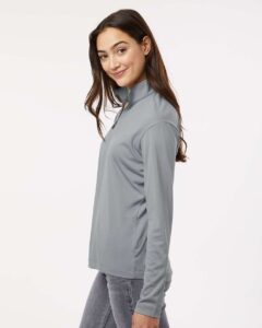 AllPro 41870L Women’s Pro-Lock Performance Quarter-Zip Pullover – Heather Steel (on model side)
