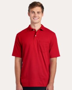 JERZEES 436MP Men’s Dri-Power® Polo with Pocket – True Red (on model)