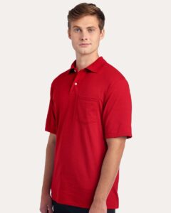 JERZEES 436MP Men’s Dri-Power® Polo with Pocket – True Red (on model side)