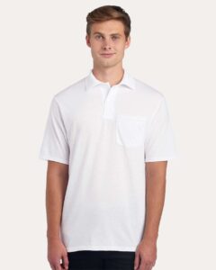 JERZEES 436MP Men’s Dri-Power® Polo with Pocket – White (on model)