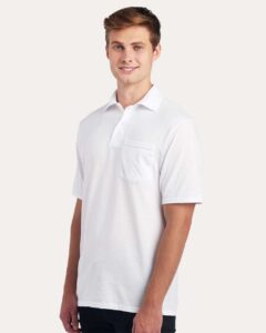 JERZEES 436MP Men’s Dri-Power® Polo with Pocket – White (on model side)