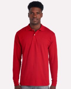 JERZEES 437LR Men’s Dri-Power® Long Sleeve Polo – True Red (on model)