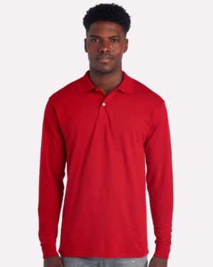 JERZEES 437LR Men’s Dri-Power® Long Sleeve Polo – True Red (on model)