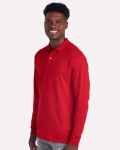 JERZEES 437LR Men’s Dri-Power® Long Sleeve Polo – True Red (on model side)