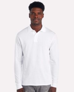 JERZEES 437LR Men’s Dri-Power® Long Sleeve Polo – White (on model)