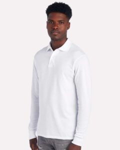 JERZEES 437LR Men’s Dri-Power® Long Sleeve Polo – White (on model side)