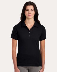 JERZEES 437F Women’s Dri-Power® Polo – Black (on model)