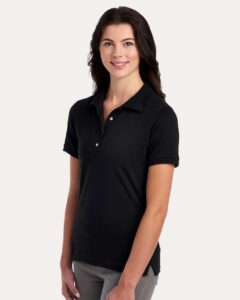 JERZEES 437F Women’s Dri-Power® Polo – Black (on model side)