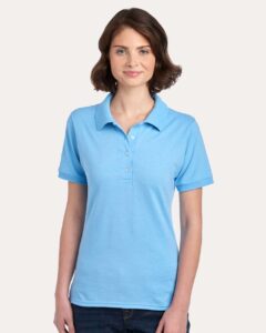 JERZEES 437F Women’s Dri-Power® Polo – Light Blue (on model)