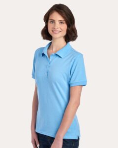 JERZEES 437F Women’s Dri-Power® Polo – Light Blue (on model side)