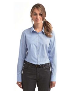Artisan Collection by Reprime RP320 Women’s Microcheck Gingham Cotton Shirt – Light Blue/ White (on model)
