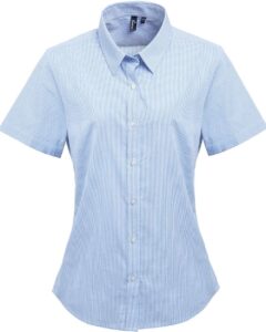 Artisan Collection by Reprime RP321 Women’s Microcheck Gingham Short Sleeve Cotton Dress Shirt – Light Blue/ White