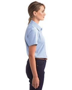 Artisan Collection by Reprime RP321 Women’s Microcheck Gingham Short Sleeve Cotton Dress Shirt – Light Blue/ White (on model side)
