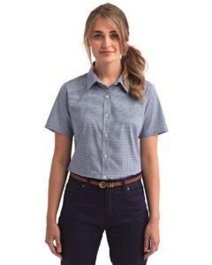 Artisan Collection by Reprime RP321 Women’s Microcheck Gingham Short Sleeve Cotton Dress Shirt – Navy/ White (on model)