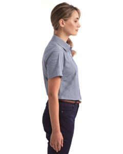 Artisan Collection by Reprime RP321 Women’s Microcheck Gingham Short Sleeve Cotton Dress Shirt – Navy/ White (on model side)