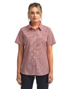 Artisan Collection by Reprime RP321 Women’s Microcheck Gingham Short Sleeve Cotton Dress Shirt – Red/ White (on model)