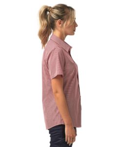 Artisan Collection by Reprime RP321 Women’s Microcheck Gingham Short Sleeve Cotton Dress Shirt – Red/ White (on model side)