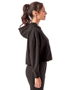 TriDri TD077 Women’s Alice Half-Zip Hooded Sweatshirt – Black (on model side)