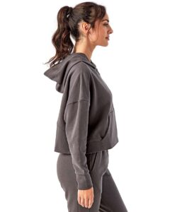 TriDri TD077 Women’s Alice Half-Zip Hooded Sweatshirt – Charcoal (on model side)