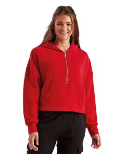 TriDri TD077 Women’s Alice Half-Zip Hooded Sweatshirt – Fire Red (on model)