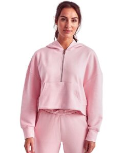 TriDri TD077 Women’s Alice Half-Zip Hooded Sweatshirt – Light Pink (on model)