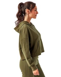TriDri TD077 Women’s Alice Half-Zip Hooded Sweatshirt – Olive (on model side)