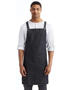 Artisan Collection by Reprime RP129 Cross Back Barista Bib Apron – Black Denim (on model)